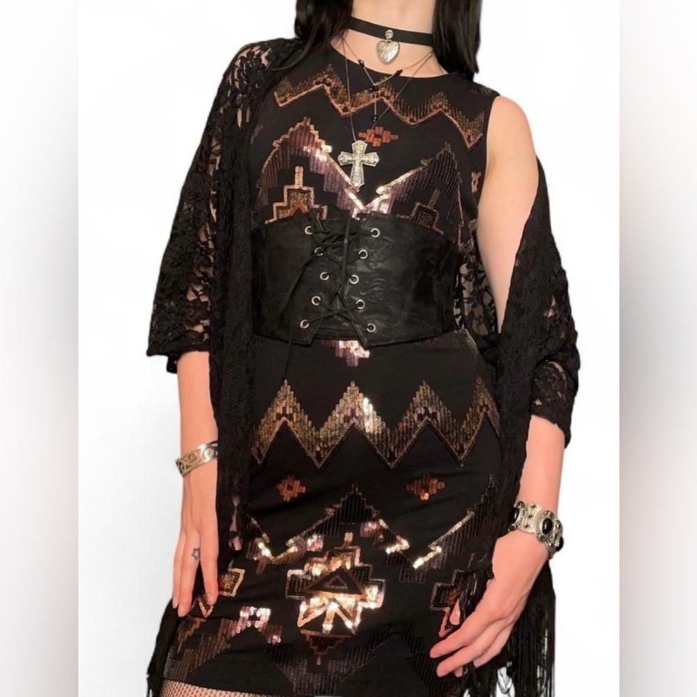 SOLD ! express gold and black aztec sequin high neck bodycon mini dress